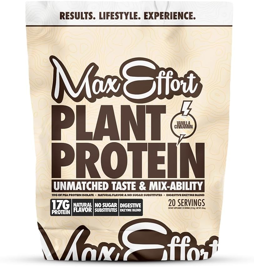 MAX EFFORT Plant Protein Powder, 17 G Pea Protein, Plant Based, Gluten Free, Low Carb, Protein Shake alebo Smoothie Mix, Nahradenie jedla, No Swhey, Žiadne náhrady cukru, Vanilla Škorica, 20 Srvg