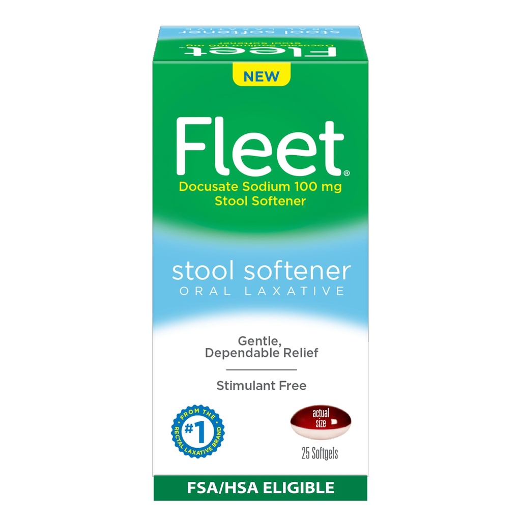Fleet Stool Zmäkčovač, Stimulant-bez perorálne preháňadlo pre nežné a závislé Zápcha Relief, 25 Počet Softgels
