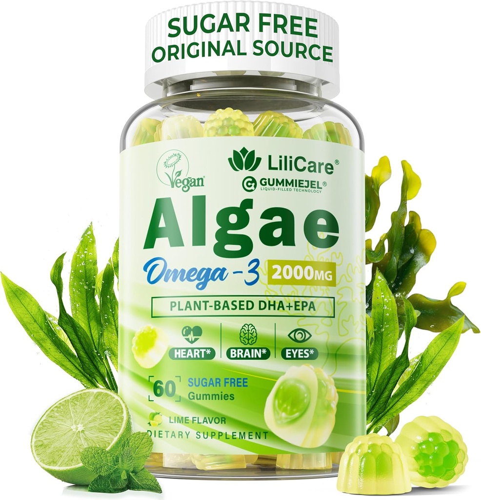 Omega 3 Gummies 2200mg from Algae Oil (DHA 640mg & EPA 290mg) for Women & Men, Vegan Omega 3 Fish Oil Alternatíva, w/CoQ10, Astaxantin, Vitamín A, E, D3 for Brain, Eye, Antioxidant, bez cukru, 1Pack