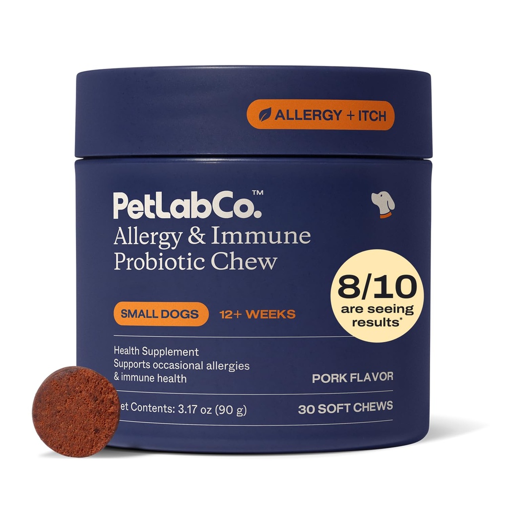 PetLab Co. Alergia & Immune Daily Probiotiká pre psy. Podporuje kyslosť výroby, Sezónne alergie, Intermitent svrbenie, Gut & Digestive Health - 30 Žuvačky pre malé psy - balenie môže Vary