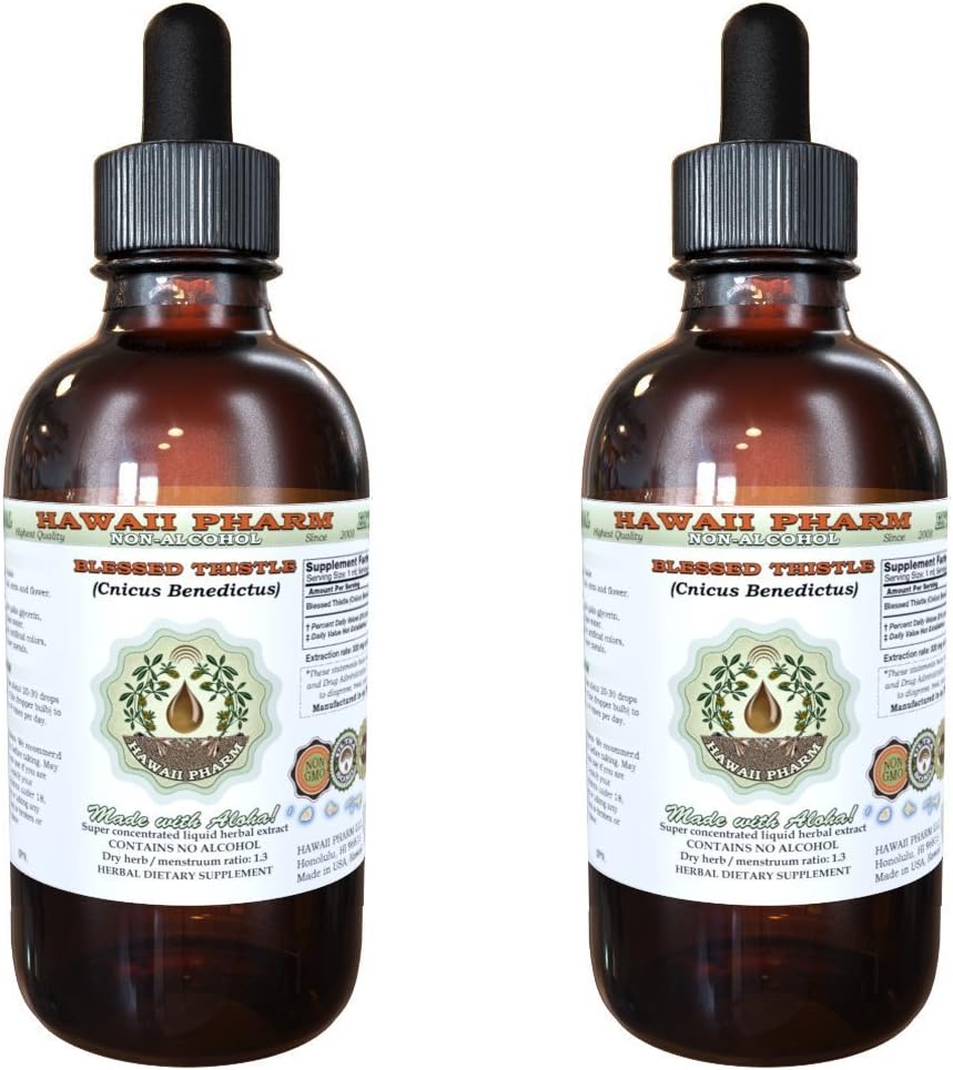 Požehnaný tekutý extrakt bez obsahu alkoholu, organický bodľač (Cnicus benedictus) sušený listový list, organický stem a kvet glycerit Hawaii Pharm Natural Herbal Supplement 2x4 oz