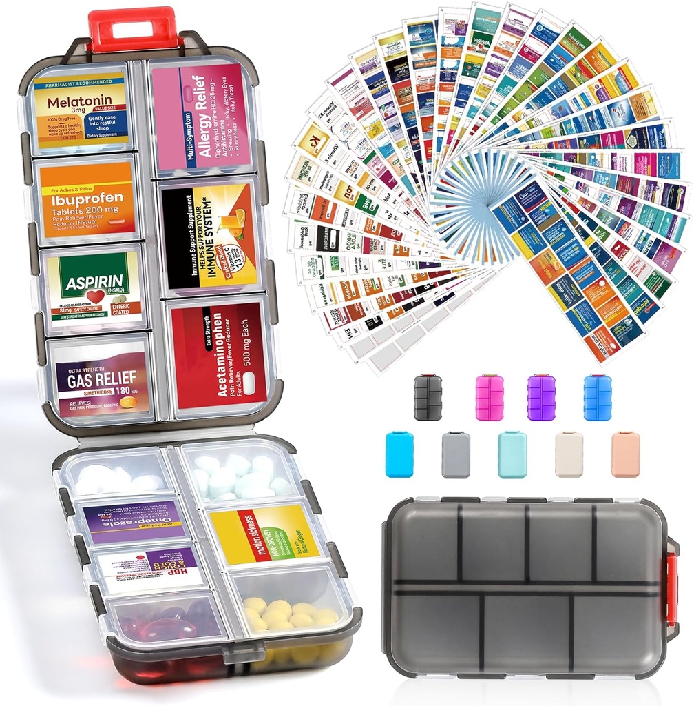 14 Grids Travel pilulky Organizátor box s 415-Pcs Názov lieku Etikety - Pocket Daily Pharmacy Case Kontajnerová súprava - Travel Medical Holder Dispenser for Fish Oil Vitamín Supplement Storage - Clear Grey