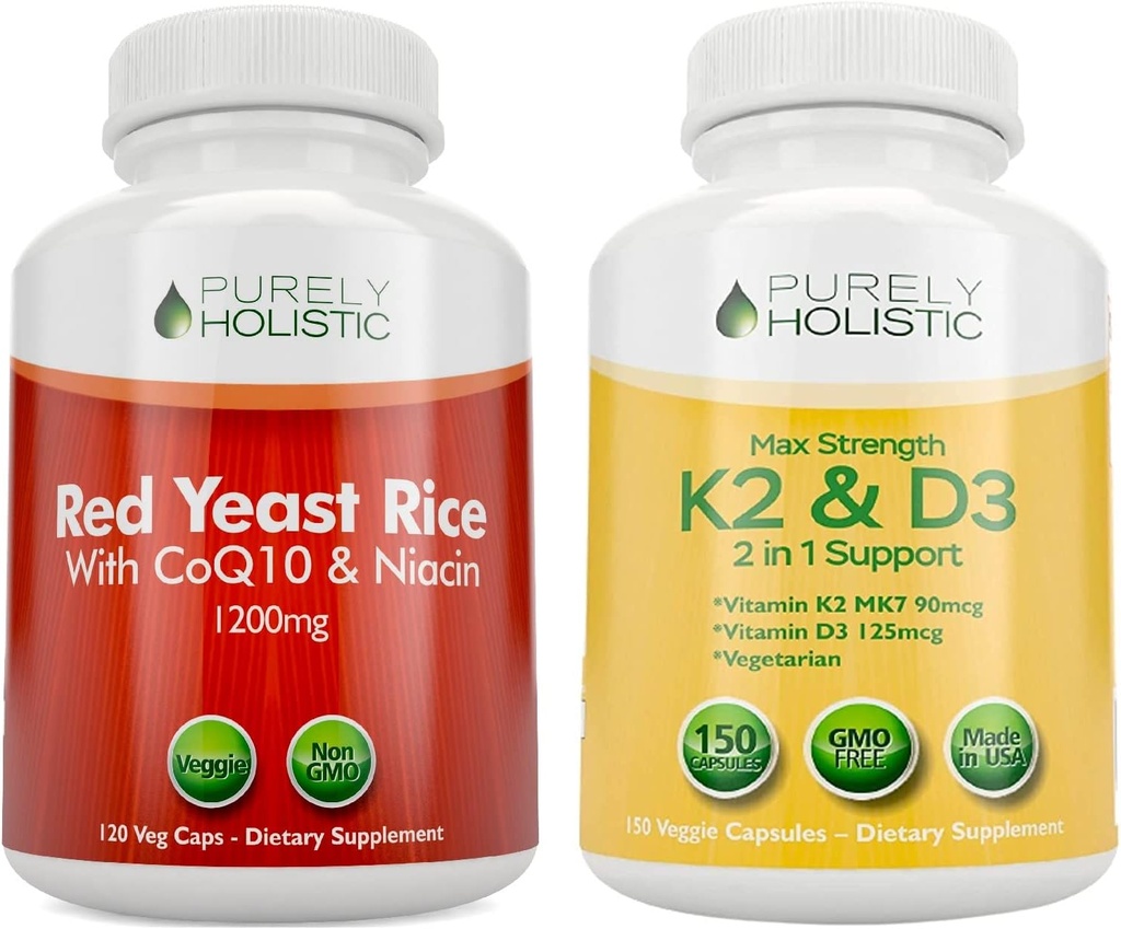 Čisto holistická červená ryža 1200 mg s CoQ10 & Niacin + vitamín D3 5000 IU (125mcg) & K2 MK7 90mcg Bundle - 270 Vegetariánske kapsuly - vyrobené v USA