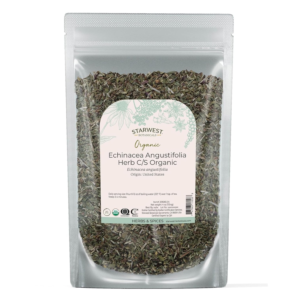 Starwest Botanicals Sušená Echinacea Angustifolia Organic - Loose Leaf Herb na čaj, Tintures, & Natural Herbal Blends, Cut & Sifted, Certified Kosher, Non-GMO - 4 oz Pouch