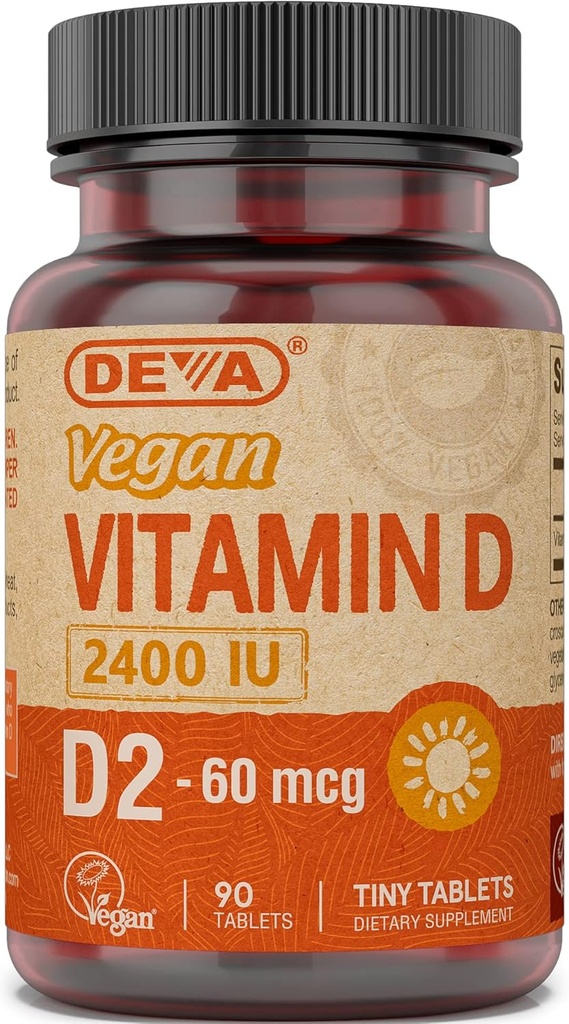 Deva Vegan Vitamín D2 60 μg 2400 IU, Ergokalciferol Supplement with No Animal Ingredients, 90 Tablets, 1- Pack