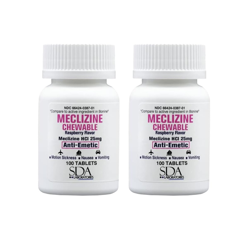SDA LABORATÓRIA Meclizine 25mg Žuvacie tablety, Antiemetická, Malinová príchuť, pohybová choroba a vertigo Relief for Nauzea, závraty, vracanie, prenosná cestovná pomoc (2 fľaše po 100)