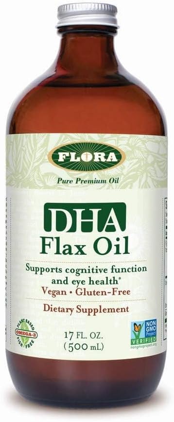 Flora DHA Ľanový olej - podporuje zdravie mozgu - obsahuje Vegan Omega-3-6-9, bezlepkový, Kosher a Non-GMO - Keep Chladené - Sklenená fľaša - 17 fl. oz.