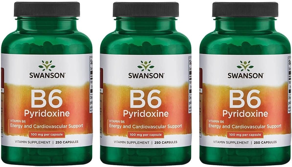 Swanson B6 Pyridoxín - Vitamínové doplnky podporujúce kardiovaskulárne zdravie a energetický metabolizmus - prírodná formula podporujúce celkový wellness - (250 kapsúl, 100 mg každý) 3 balenie