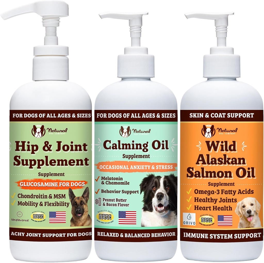 Natural Dog Company Wellness Bundle Food Oil Toppers vrátane (1) Wild Aljašský lososí olej, (1) Tekutý glukozamín, (1) Upokojujúci olej