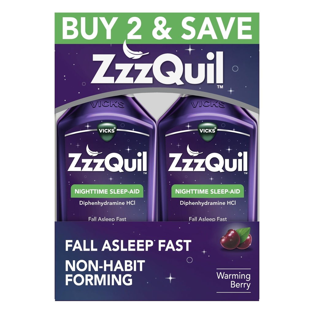 ZzzQuil, Sleep Aid, Nighttime Sleep Aid Liquid, 50 mg Difenhydramine HCl, Fall Asleep Fast, Non-Habit Forming, Warming Berry Flavor, 12 FL OZ (Pack of 2)