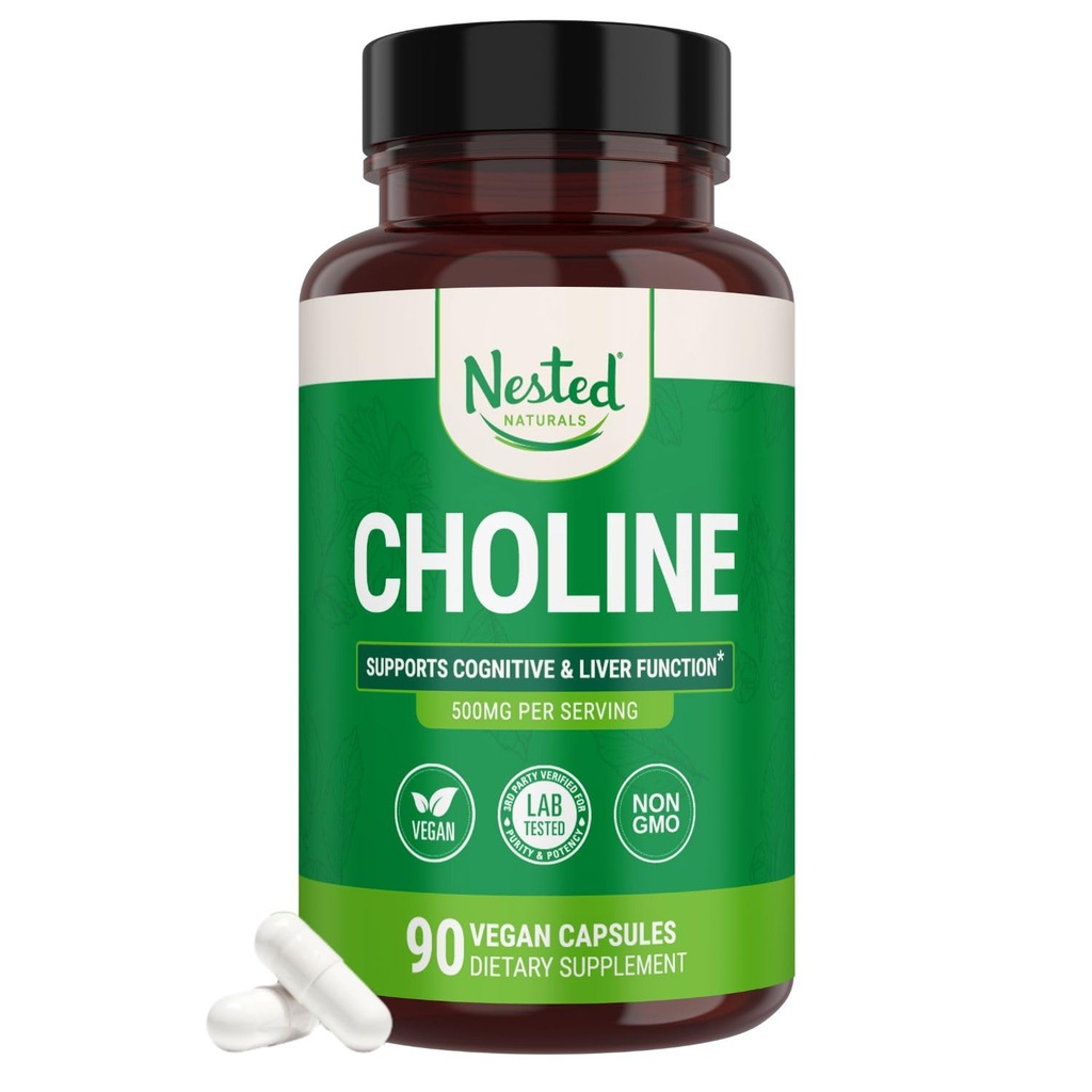 Nested Naturals Choline bitartrate 500mg - Vysoká potencie Choline Doplnky - Podpora Cognitive Performance & Liver Function - 100% Vegan & Non-GMO Choline - 90 Vegan Kapsule