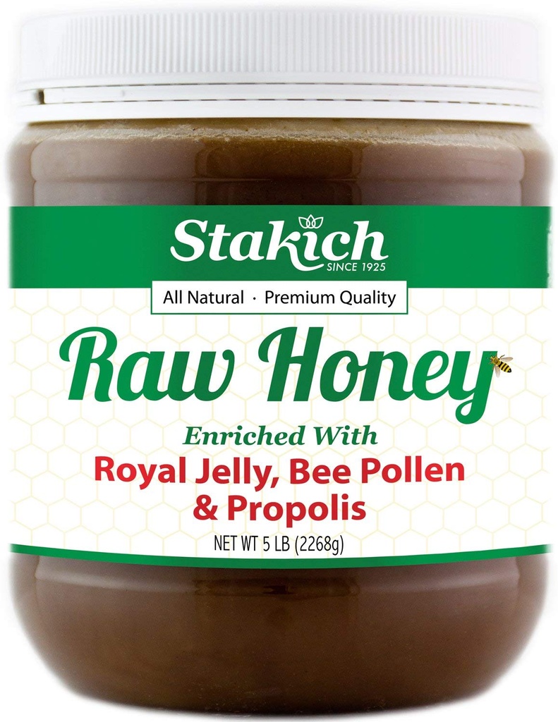 Stakich Royal Jelly, Bee Pollen, Propolis Enriched Raw Honey - čistý, nespracovaný, nevyhrievaný - 5 libier (80 Ounce)