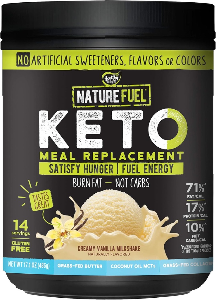 Nature Fuel Keto Meal Replacement Powder - Gluten Free with Coconut Oil MCTs and Grass-Fed Butter - Creame Vanilla Milkshake - 14 Servírovanie - Pantry Friendly, 17.1 Fl Oz