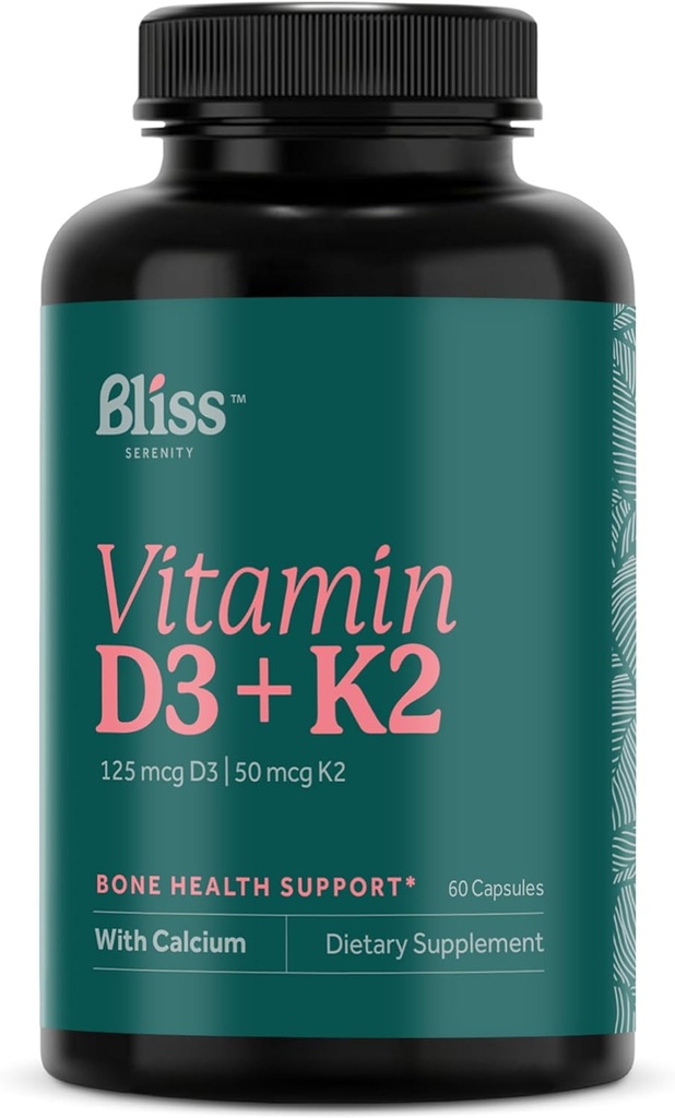 Vitamín D3 K2 - vitamín D3 5000 IU s vitamínom K2 ako MK-7, vápnikom a fosforom pre konečnú absorpciu - vitamín D doplnky, 60 Vegkaps, 60 dní