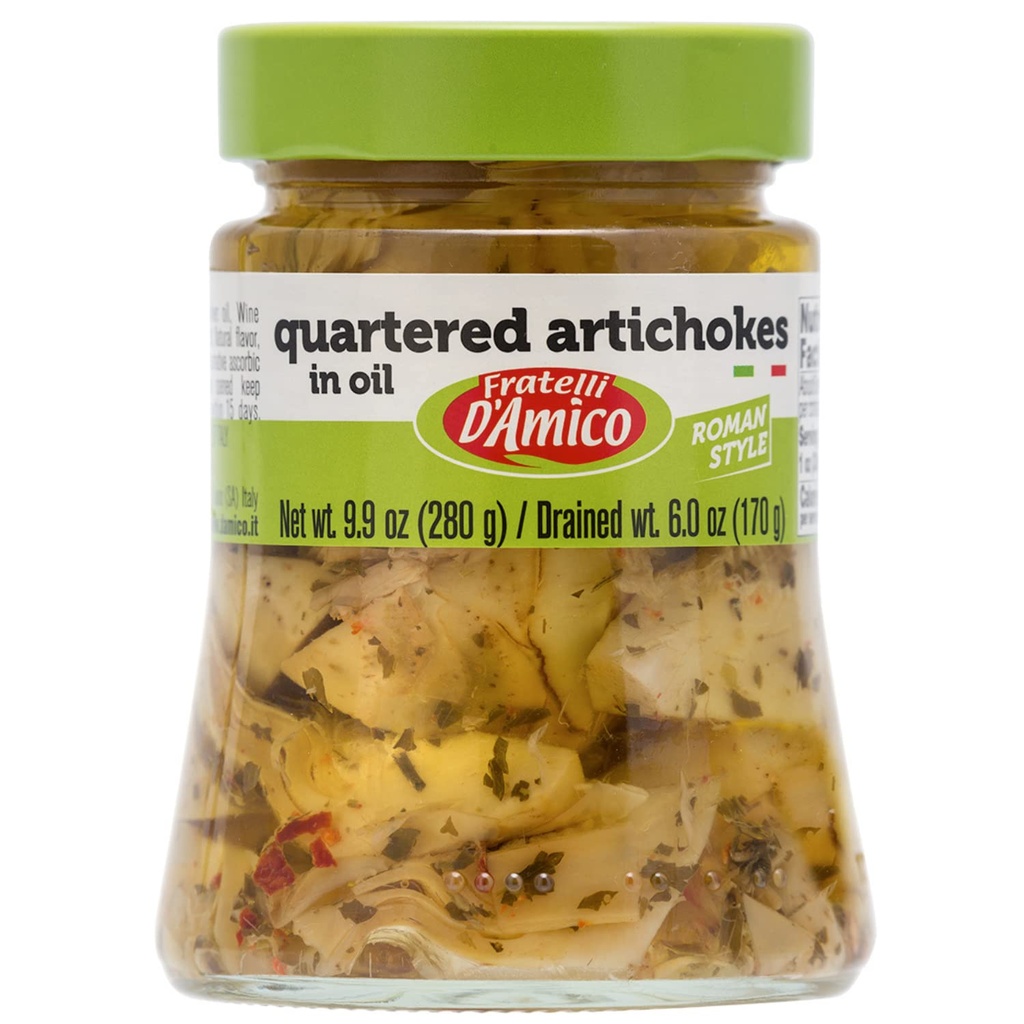 FRATELLI D'AMICO - Quartered Artichokes In Oil "Roman Style," Premium Quality, Chef Selection, 9.9 oz (280 g), Antipasto, Seasoned, Carciofi, Product of Italy