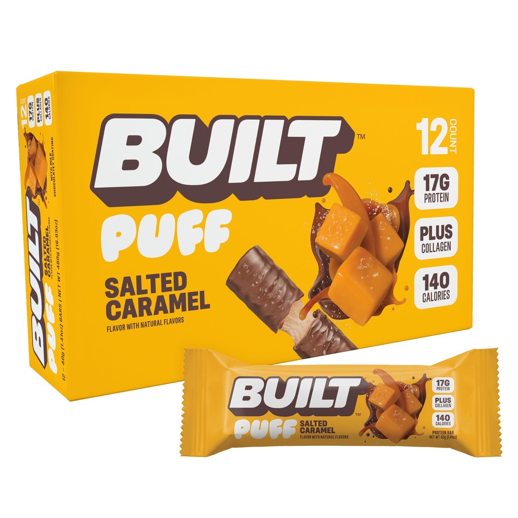 Postavený bar, Puff Protein Bars, Salted Caramel Puff, 17g Bielkoviny Snacks, On-The-Go Bars, Iba 140 kalórií, 6g Cukor, Kolagén, Gluten Free, 12 Počet