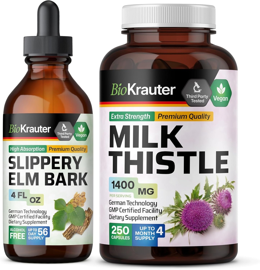 BIO KRAUTER Slippery Elm Tinture 4 Fl. Oz. & Milk Thitle 250 Kapsule