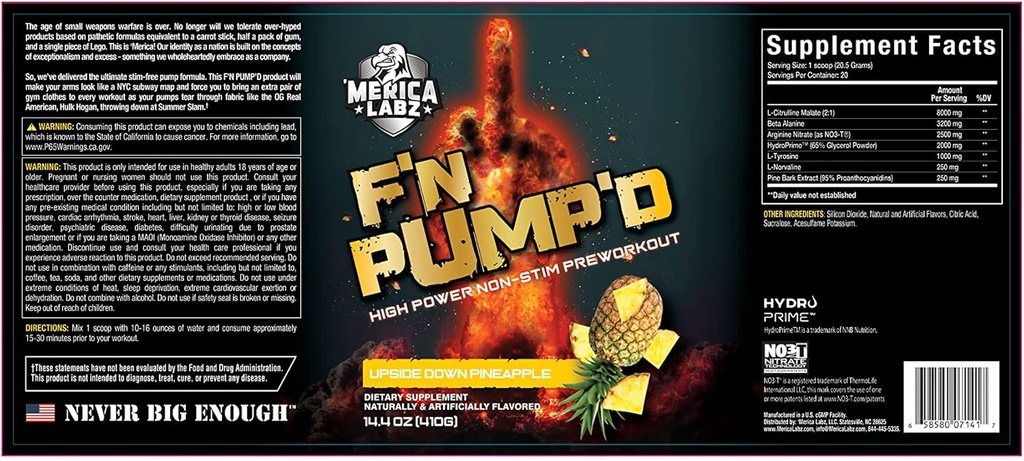 "Merica Labz F'N Pumpa'D bez stimulantov, oxid dusnatý, plný dávkovaný, prášok na predúpravu čerpadla (20 porcií) (horný ananás)
