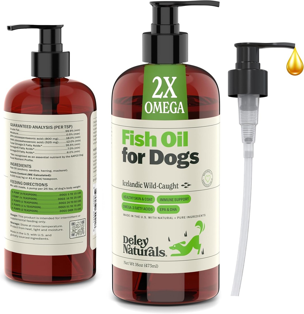 Deley Naturals Dog Fish Oil islandský 2X Omega - Pes svrbenie pokožky s Omega 3 6 9 pre alergie, Coat & Heart - Omega 3 Rybí olej pre psy podráždenie kože - 16oz Omega olej pre psy Made in USA