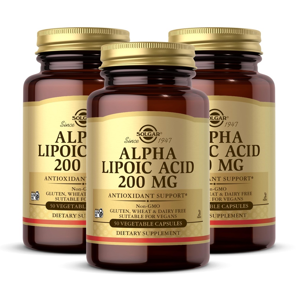 Solgar Alpha Lipoic Acid 200 mg, 50 Rastlinné kapsule (Pack of 3) - Antioxidačná podpora - Pomáha recyklovať glutatión, vitamín C & E, CoQ-10 - Non-GMO, Vegan, Gluten Free, Dairy Free, Kosher - 150 Celkom Servings