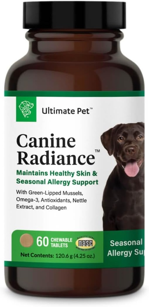 ULTIMATE PET NUTRITION Psie Radiance Kožné alergie Suplement for Psy, Omega-3 Kožná hydratácia, Antioxidanty na prevenciu svrbenie a posilnenie Coat, 60 Žuvacie tablety
