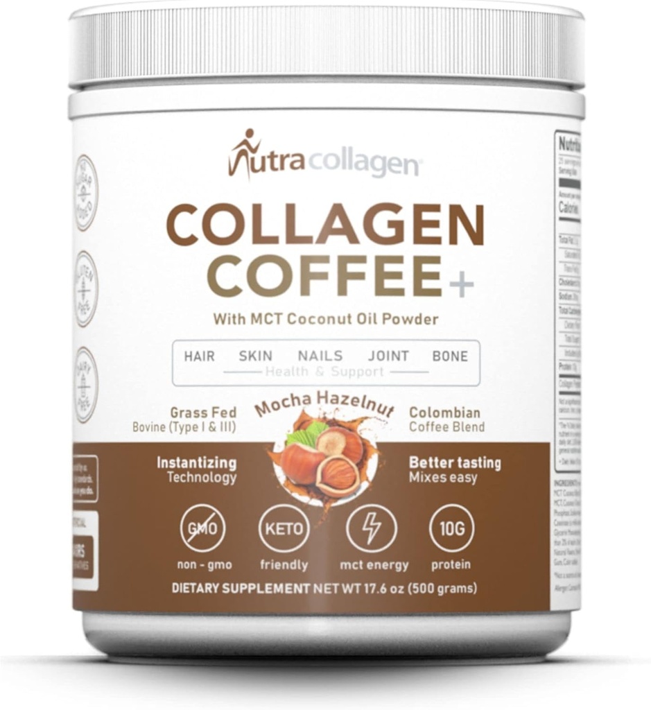 NUTRACOLLAGEN Peptide prášok s premium Columbian Coffee; tráva-Fed; Keto Friendly, MCT kokosový olej prášok, bez sóje, bez lepku, bez cukru, 40mg kofeínu/SVG; Mocha Hazelnut 25 Servings