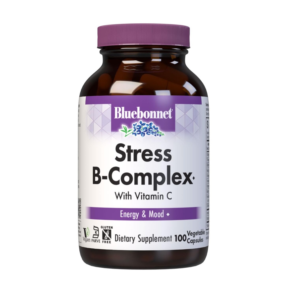 Bluebonnet Nutrition Stres Relief B Complex Rastlinné kapsule, vitamín B6, B12, biotín, folát, Vegan, Gluten & Soy & Milk Free, Kosher, Unflavred, 100 Počet