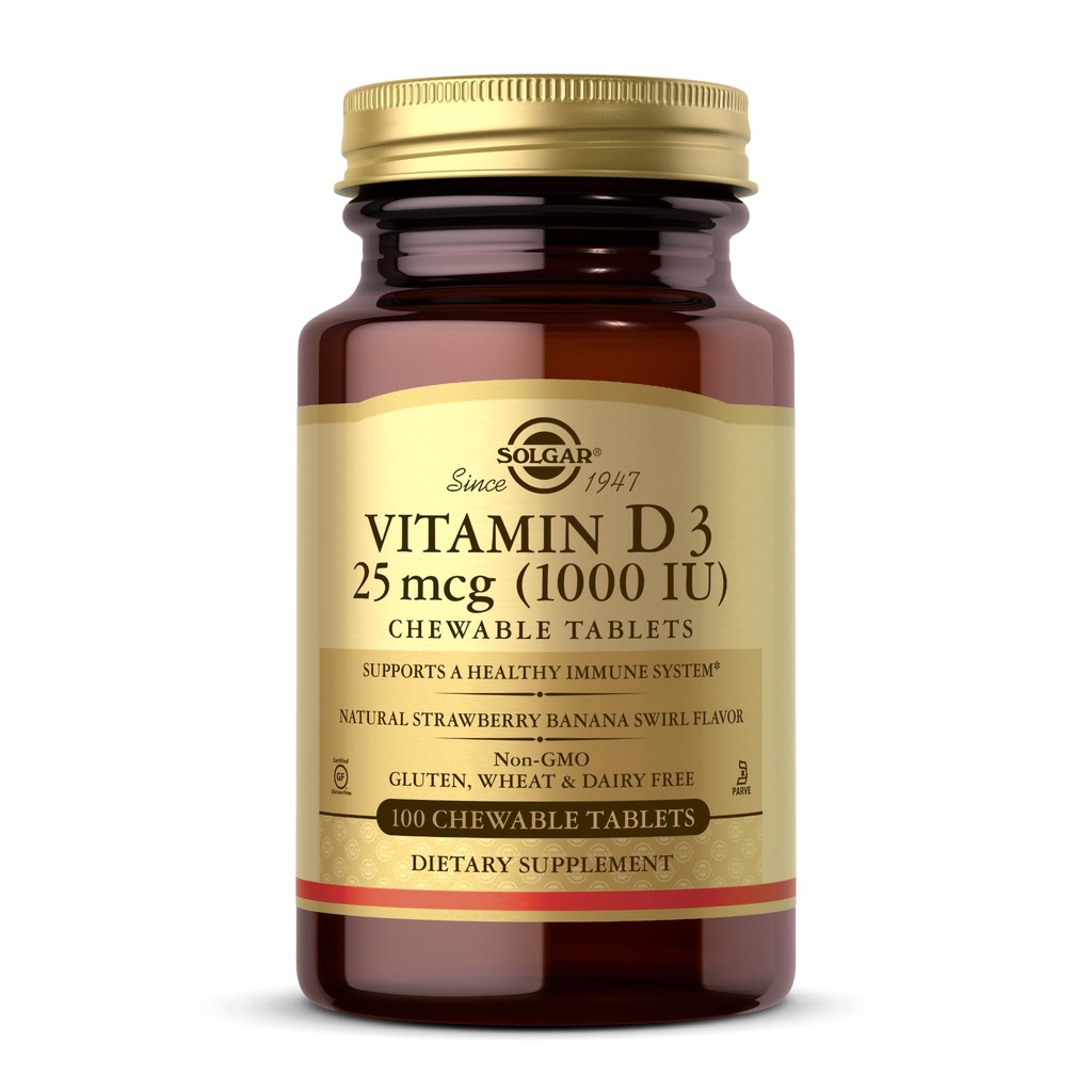 Solgar Vitamín D3 (cholekalciferol) 25 mcg (1000 IU), Natural Jahodový Banana Swirl - 100 Žuvacie tablety - Non-GMO, Kosher - 100 Slúži