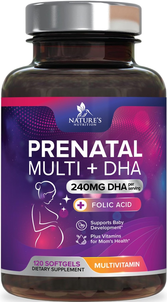 Prenatálne vitamíny s kyselinou listovou a DHA, Rozvojová podpora fetálneho mozgu s folátom a Omega 3's, prenatálny multivitamín pre ženy, vitamín A, C, D, B6, B12 a železo, doplnok tehotenstva - 120 Softgels