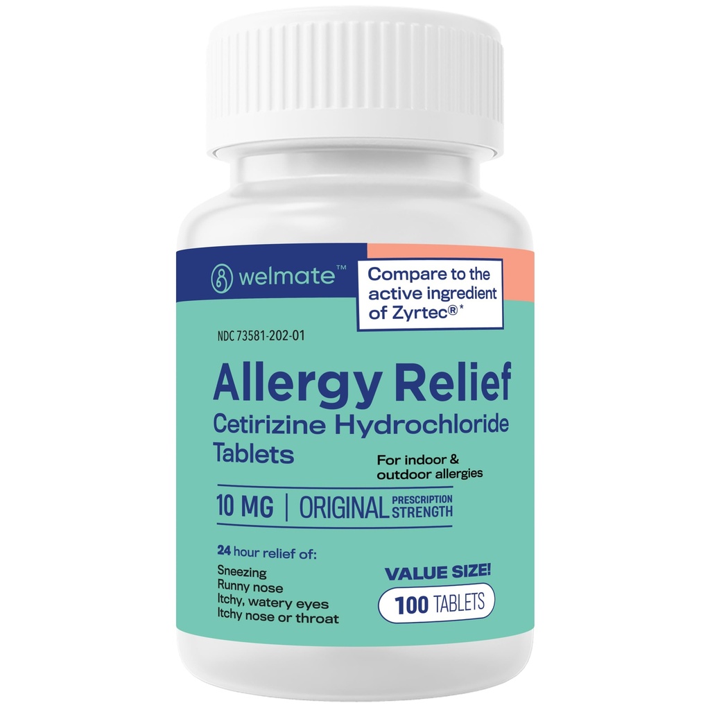 WELMATE - Alergická úľava - Cetirizín HCl 10 mg - 24 hodín Antihistaminikum - Non Drowsy - Kýchanie - Runny Nos - Svrbiace oči a hrdlo - Vnútorné a vonkajšie alergické tablety - 100 tabliet