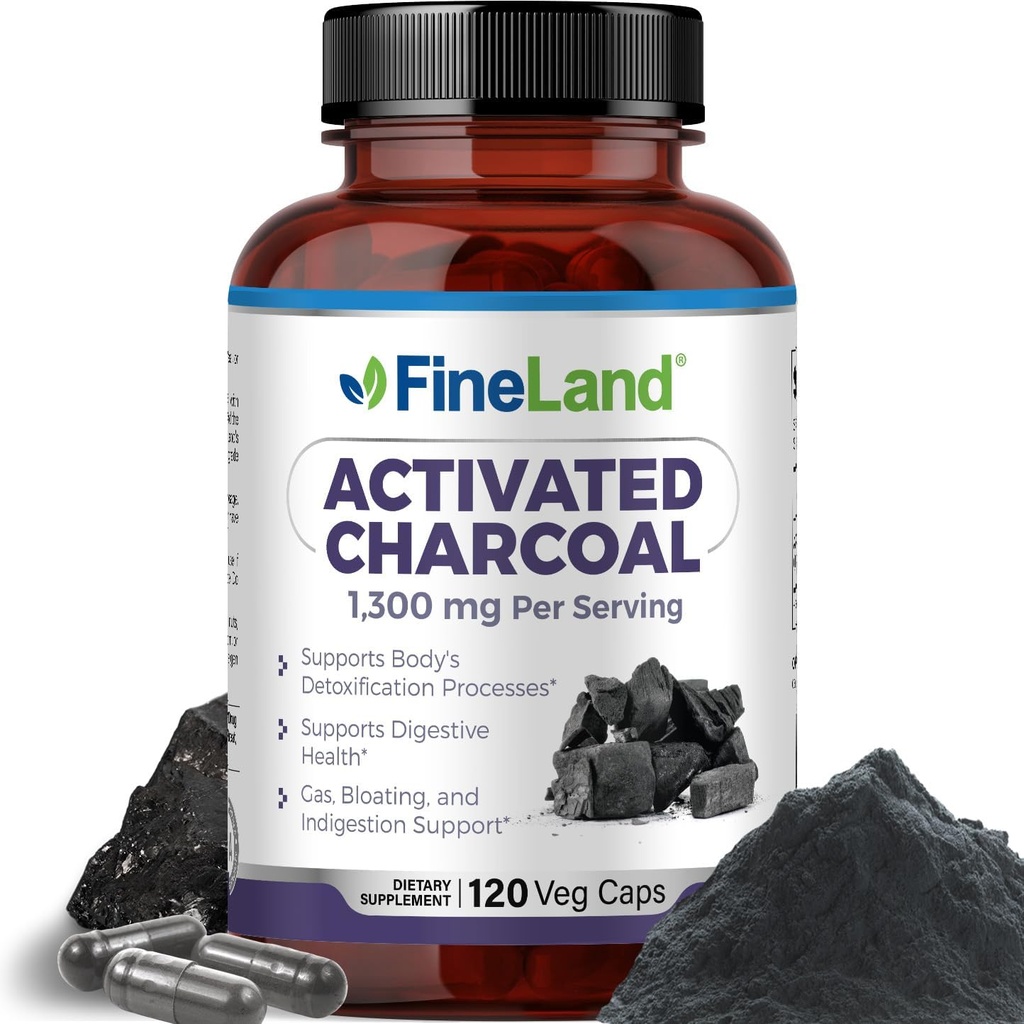FineLand Activated Charcoal 1300mg - Advanced Digestive Detox Cleanse, Helps with Gas and Bloating, Circulation & Cholesteroal Support - Made in USA, 120 Vegan Pills