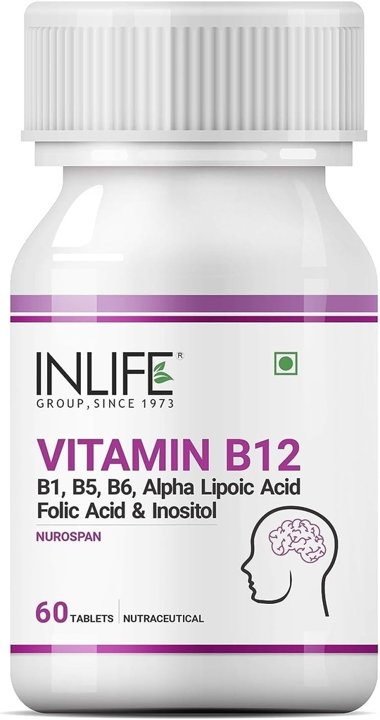 Vitamin B12 with B1, B5, B6, Alpha Lipoic Acid ALA, Folic Acid, Inositol Supplements - 60