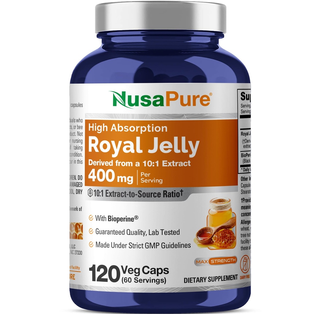 NusaPure Royal Jelly 10:1 Extract, 400 mg Ekvivalent s 4000mg - 120 Veggie Capsules (non-GMO, Gluten Free, Bioperine)
