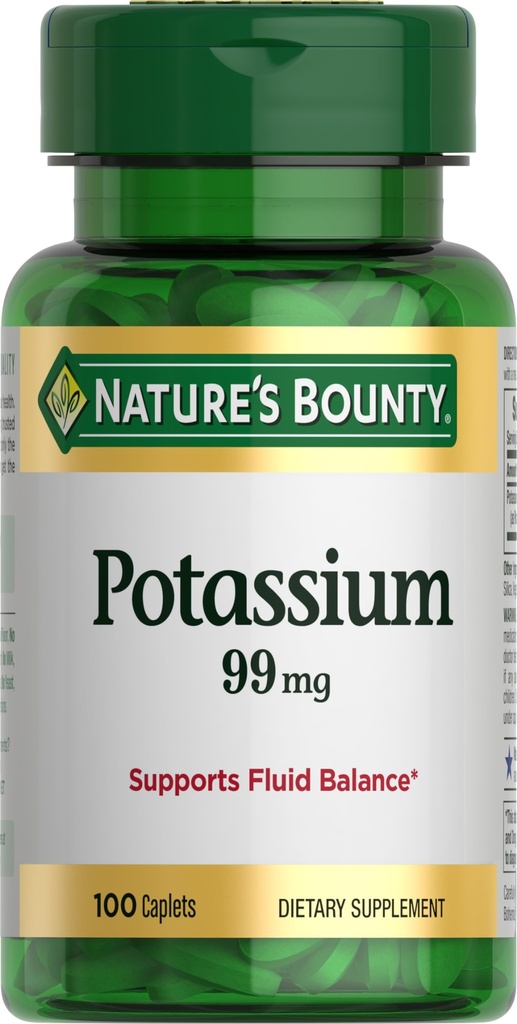 Príroda Bounty Draslík 99mg, podporuje rovnováhu tekutín a svalovej aktivity, podieľa sa na normálnej srdcovej funkcie, Glukonát draselný Diétny doplnok, bez lepku, 1 za deň, 100 Vegetariánskych Caplets