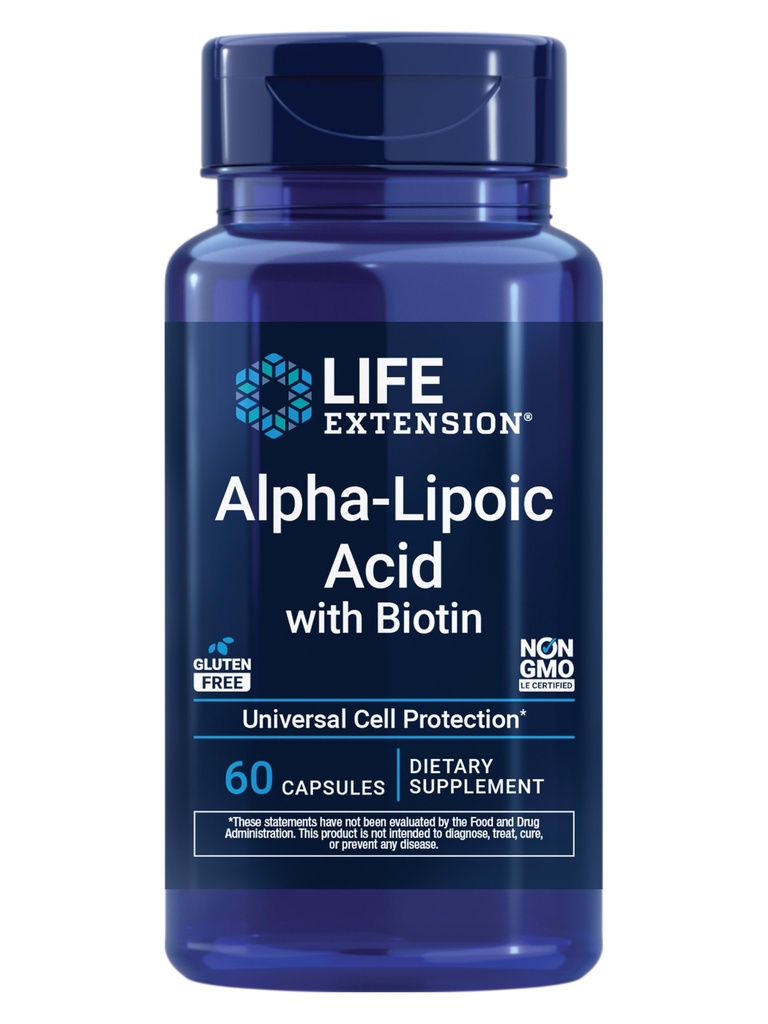 Life Extension Alpha-Lipoic Acid with Biotin, for Cell Protection, Universal antioxidant for Liver & Nerve Health, Gluten-Free, Non-GMO, 60 Kapsule