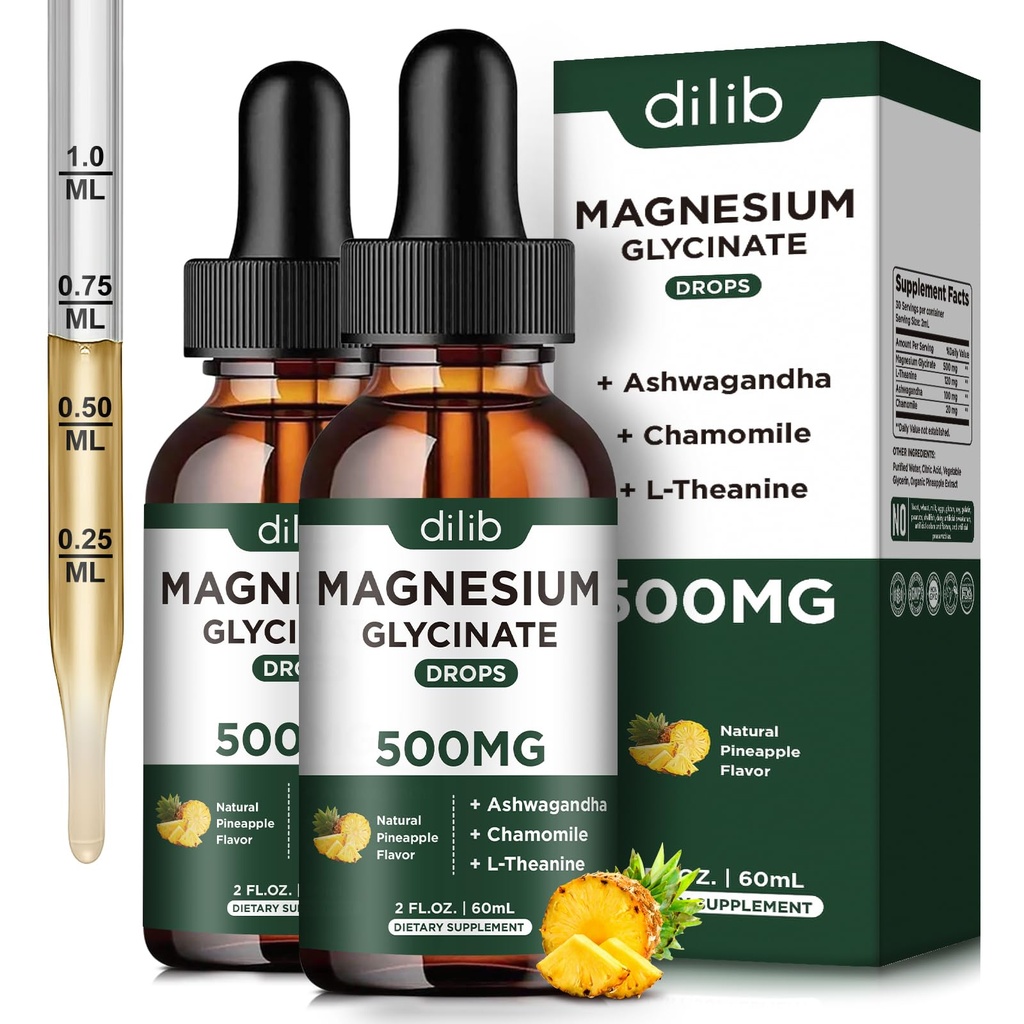 (2 balenia) Magnézium Glycinate Supplement, Magnézium Tekuté kvapky s horčíkom Glycinate 500mg Ashwagandha, L - Theanine, harmanček -Podpory Optimálny pokoj spánku Vegan