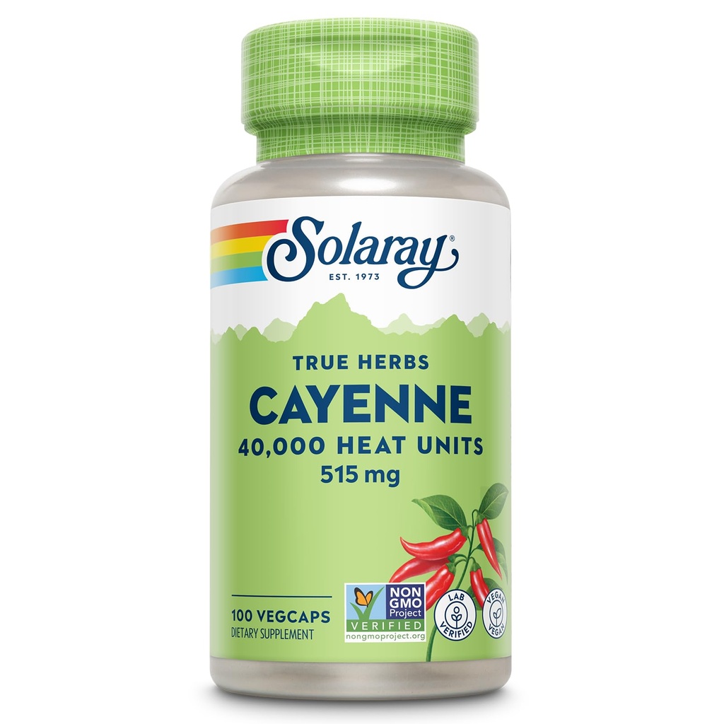 SOLARAY Cayenne korenie Kapsule s kapsaicínom - Kapsaicín Doplnky pre Výkonný Wellness Podpora - 40.000 Tepelné jednotky na VegCap - Vegan, Non-GMO, Gluten-Free, 60-Day Záruka, 100 Servisov