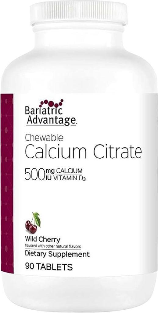 Bariatrická výhoda Vápnik Citrát chutí 500 mg s vitamínom D3 pre Bariatrické chirurgia Pacienti vrátane žalúdočného bypassu a rukáva Gastrektómia, Nízky cukor - Wild Cherry Chlavor, 90 Počet
