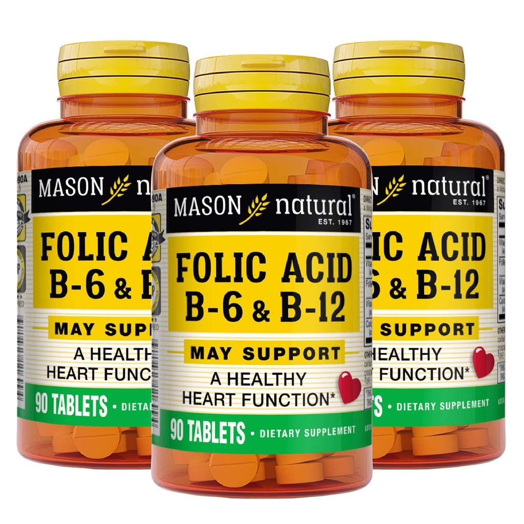 MASON NATURAL Heart Formula B6/B12/Follic Acid Tablets, Dietary Supplement Podpora Kardiovaskulárne zdravie, tvorba červených krviniek, Metabolická funkcia, 90 Počet (Back of 3)