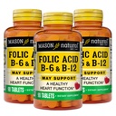 MASON NATURAL Heart Formula B6/B12/Follic Acid Tablets, Dietary Supplement Podpora Kardiovaskulárne zdravie, tvorba červených krviniek, Metabolická funkcia, 90 Počet (Back of 3)