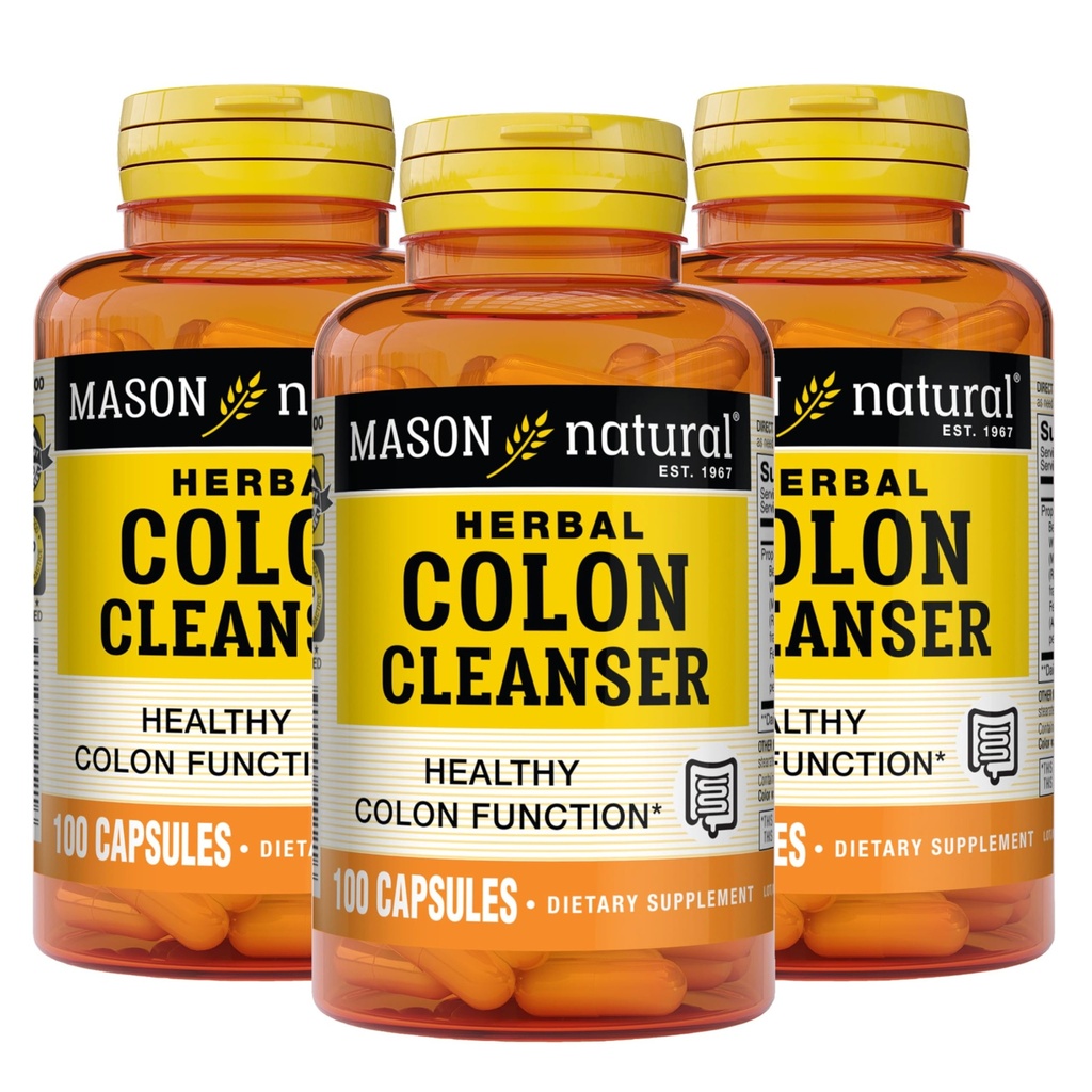 MASON NATURAL Herbal Colon Čistič, 300 Day Supplement, Dietary Supplement Supports Digestive Health with Rozpustné vlákna, Probiotiká a bylinky, 3 balenie