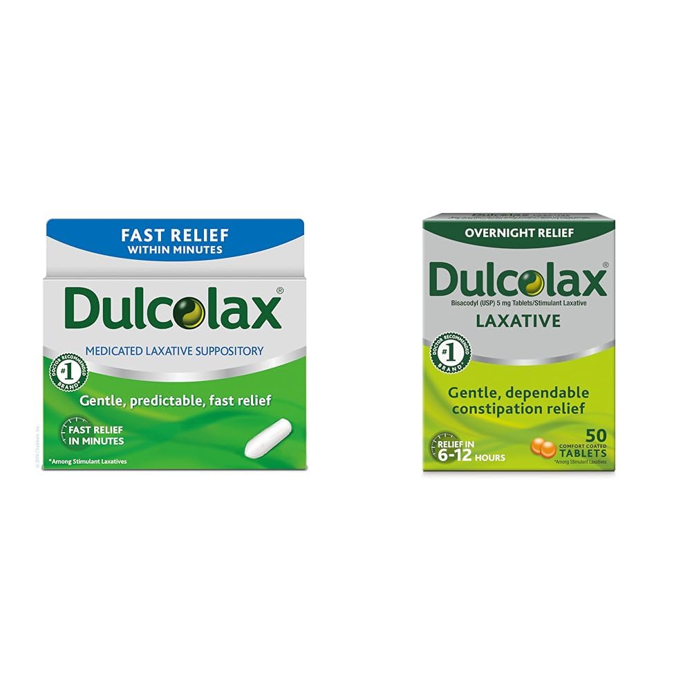 Dulcolax Fast Relief Medikovaný Laxatíva Rýchla úľava, Len Rektálne použitie, Bisakodyl, 10 mg & Prenocovanie Relief Laxative for Gentle Cconcase Relief, Bisakodyl 5 mg tablety, 50 Počet