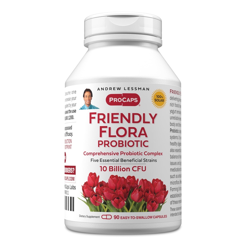 ANDREW LESSMAN Friendly Flora Probiotic 90 Kapsule - 10 miliárd CFU, Komplexná zmes piatich probiotických kmeňov, Výkonná imunita a podpora trávenia. Probiotiká pre ženy a mužov