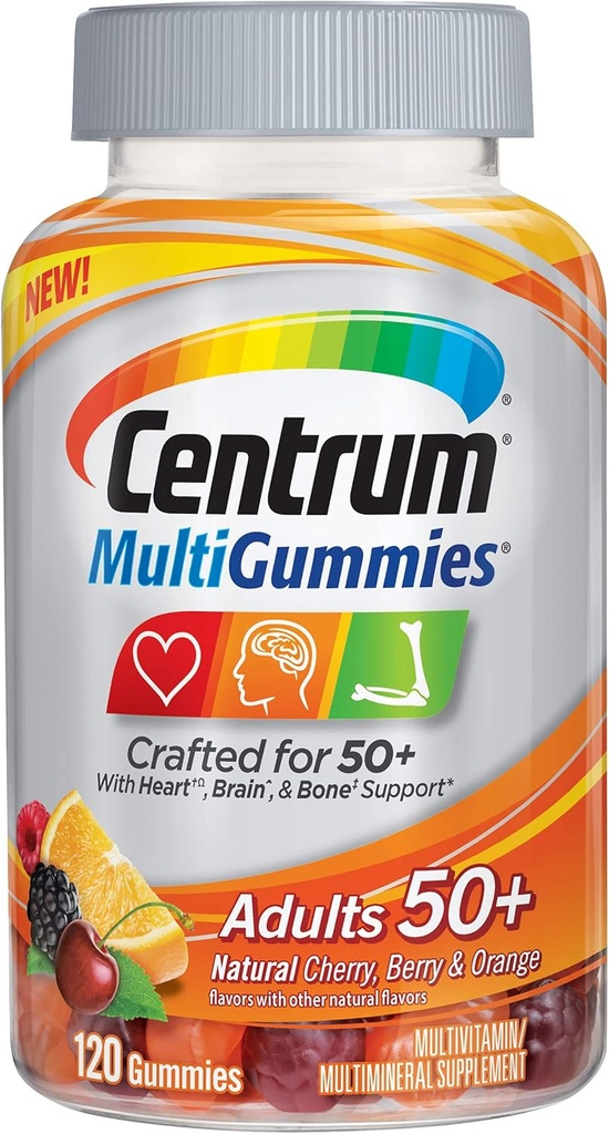 Centrum MultiGummies Dospelí (120 gróf, prírodná Cherry, Berry, Orange flavor) Multivitamín/Multimineral Supplement Gummies, Vitamíny B12, D, E, Vek 50+