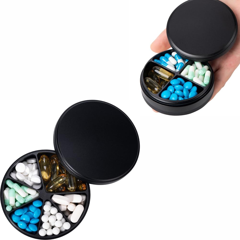 6 Compartment Organizátor pilulky & 4 Compartment Pill Box - Nepremokavý Organizátor kovových piluliek, hliníková zliatina Round Daily Medicine Kontajner pre vitamín, medicína, doplnok, Rybí olej