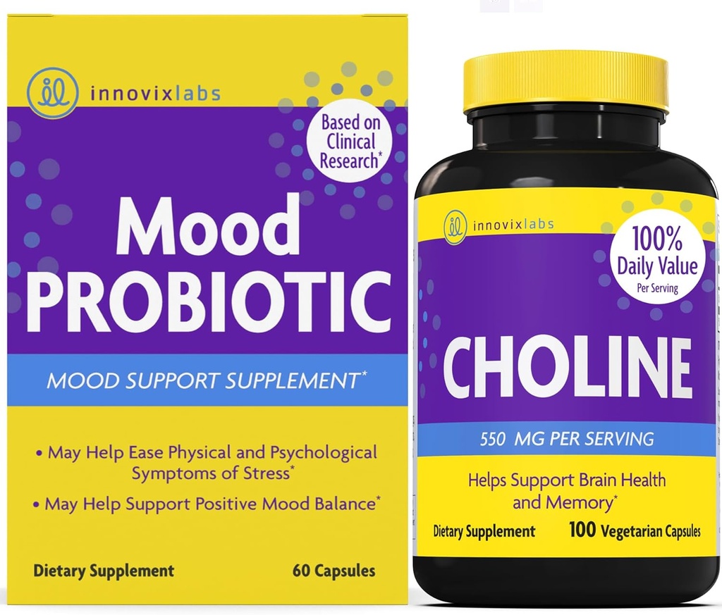 InnovixLabs Choline & Mood Probiotic Bundle Choline Bitartrate 550 mg (100 kapsúl) Mood Probiotic (60 kapsúl). Podporuje pamäť, náladu, zdravie mozgu a zväčšovanie kognitívnych funkcií.*
