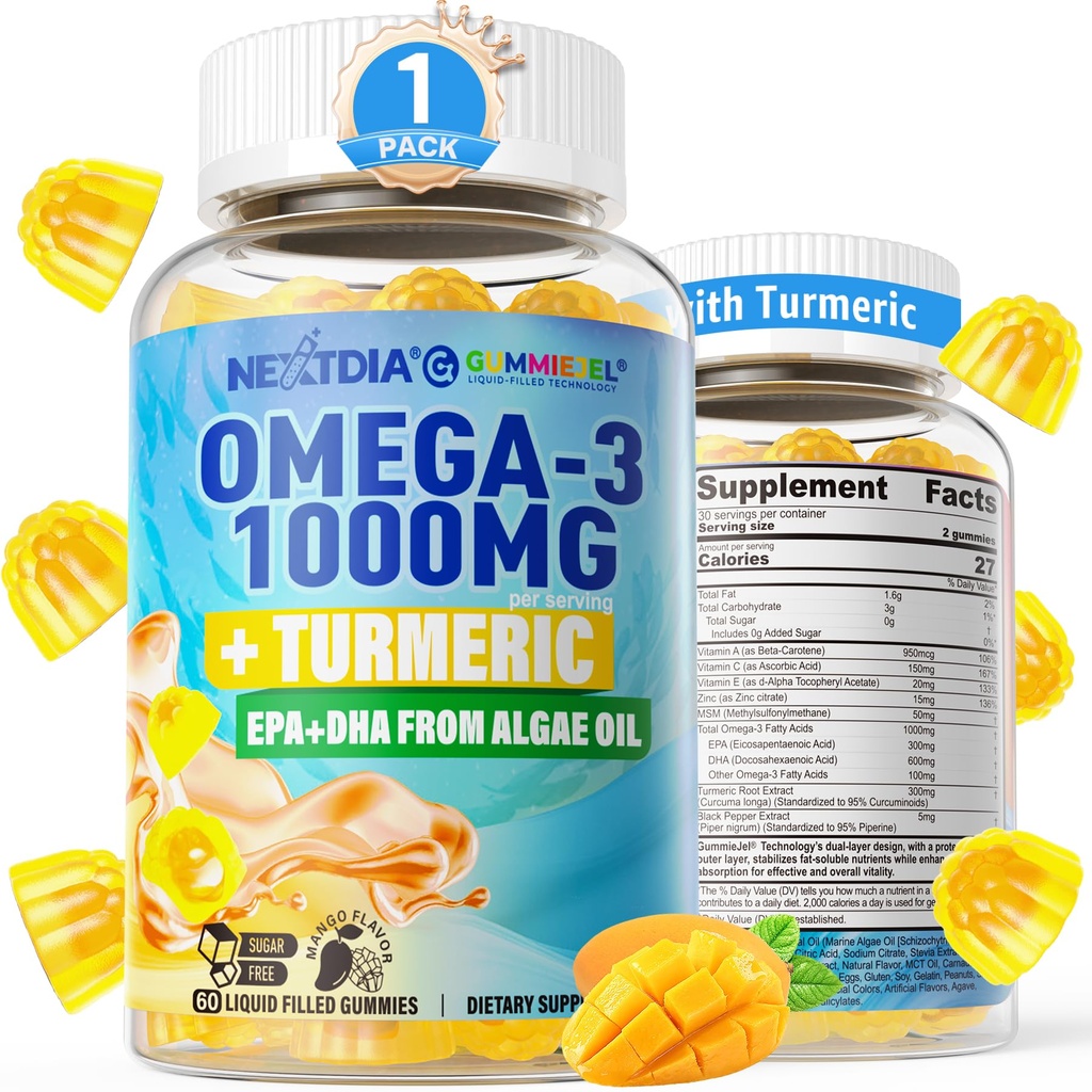 Vegan Omega-3 Gummies 1000mg + Turmerica - Omega 3 Fish Oil Alternatíva pre dospelých - Algae DHA 600mg & EPA 300mg, Vitamíny A, C, E, Zinok & MSM, bez cukru, 60 Cts