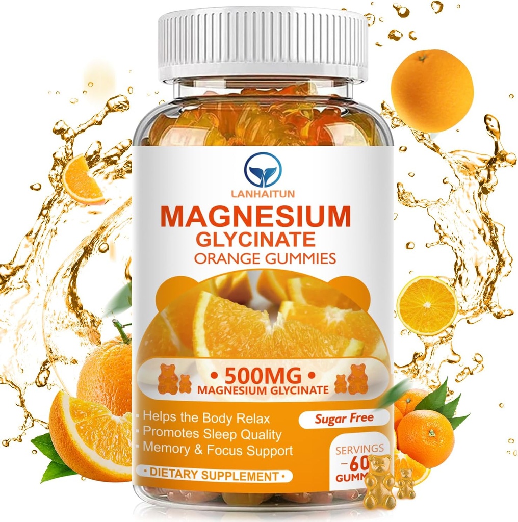 Glycinát horečnatý 500 mg Gumičky s 100 mg horčíka L-ohňostroj pre dospelé deti, Magnézium Gummy cukor bez horčíka Draslík doplnok s vitamín D,B6,CoQ10 (60 balenia, pomaranč)