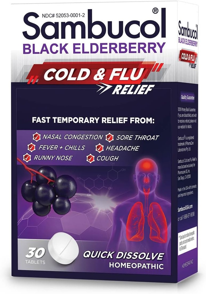 Sambucol Cold and Flu Relief Tablets - Homeopatická studená medicína, Cold Remedy pre dospelých, Black Elderberry pre chlad, Zinok Cold Remedy - 30 Počet