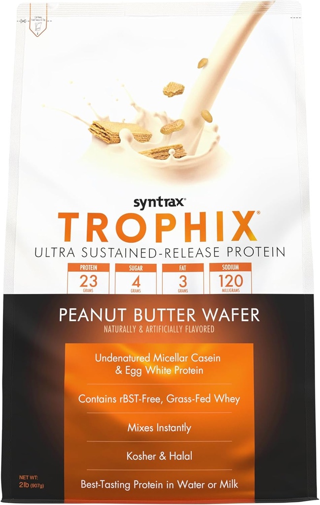 Syntrax Nutrition Trophix, Ultra Trvalá release Protein Powder Blend, Arašidové maslo Wafer 2 lbs, Real Wafer Pieces